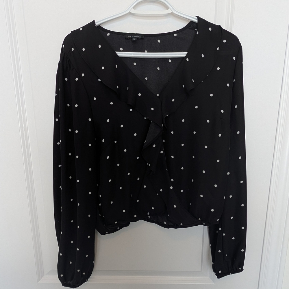 Dynamite Black Polka Dot Ruffle V-Neck Blouse